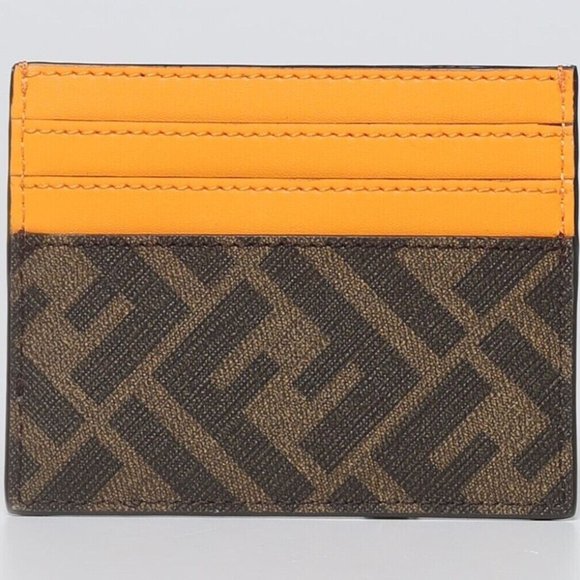 FENDI 'FF Logo w/ Orange Detail' Authentic Men's Canvas/Leather Card Holder NWT! - Picture 9 of 15